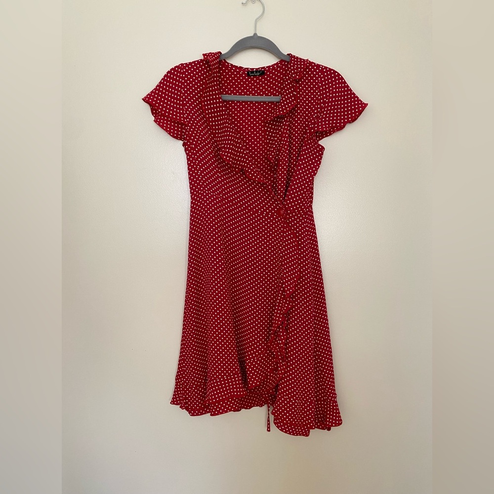 Loco Lindo red and white polka dot wrap dress.